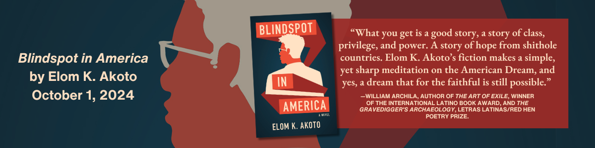 Book cover of Blindspot in America by Elom K. Akoto with blurb from William Archila