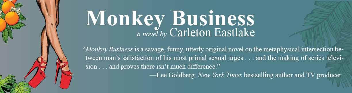 Promotional graphic promoting Monkey Business by Carleton Eastlake