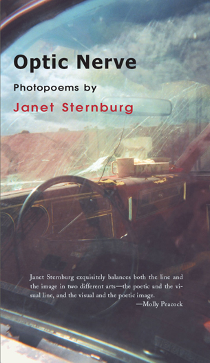 Black and red text stating Optic Nerve Photopoems by Janet Sternburg over the image looking into a car though its window with a blurb by Molly Peacock.
