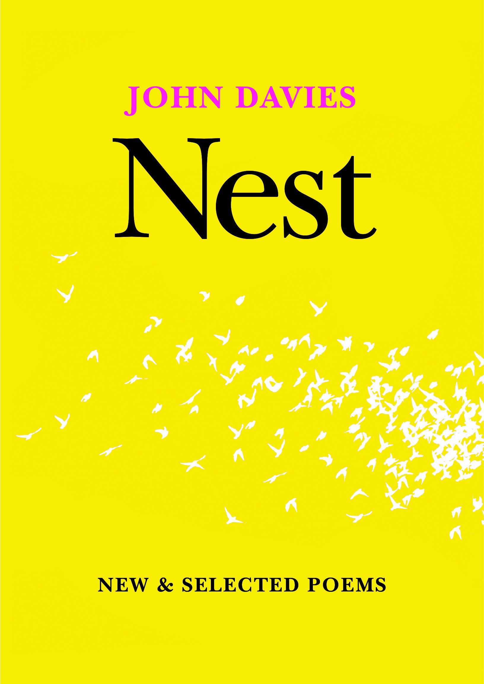 A yellow background with white birds flying through the center and white script that reads Nest new and selected poems by John Davies.
