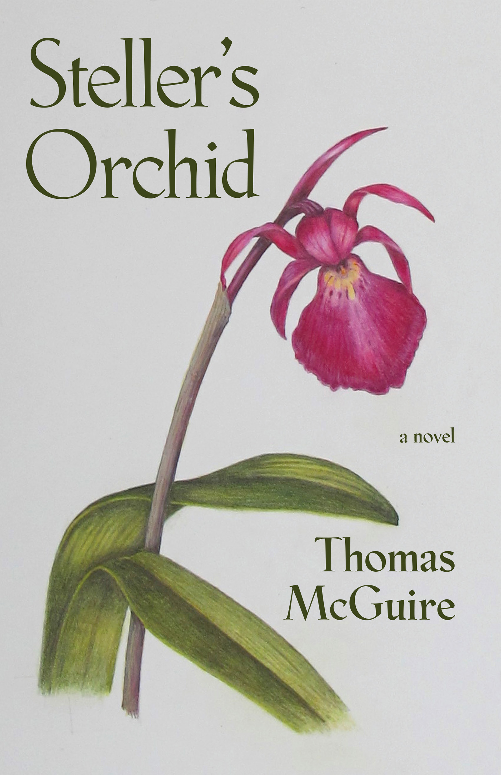 A drawing of a fuchsia orchid with dark green script that reads Steller’s Orchid a novel by Thomas McGuire.