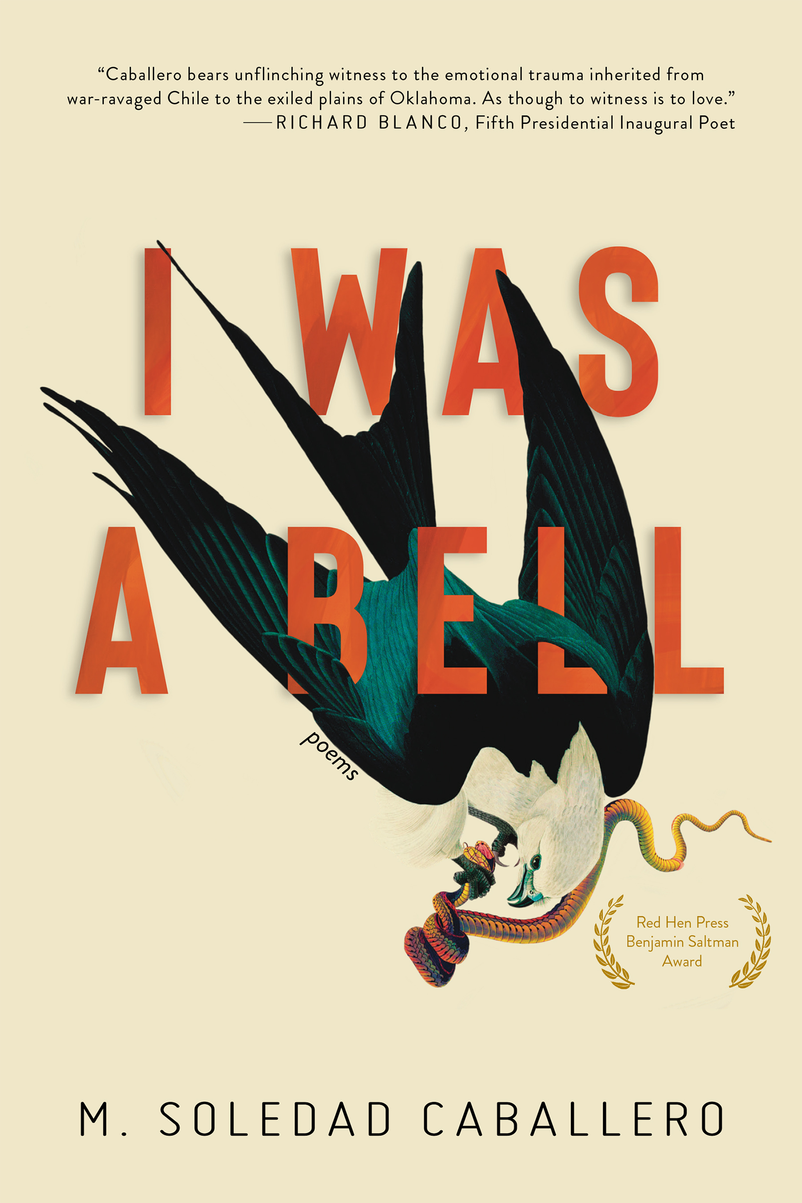 A graphic design of a green and white bird with red script over it that reads I was a Bell by M. Soledad Caballero.