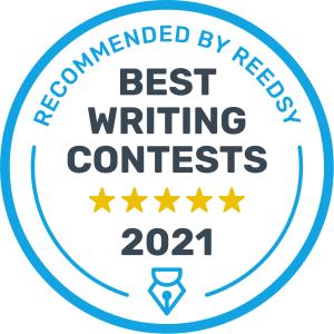 A blue circle seal stating "Recommended by Reedsy: Best Writing Contests 2021" with five stars