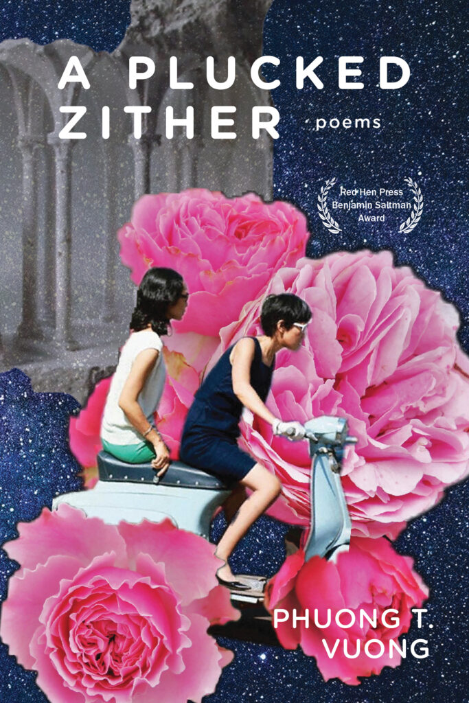 Cover art includes two individuals riding a moped together. Large pink roses surround the individuals. Superimposed over the cover art is white text that reads "A Plucked Zither."