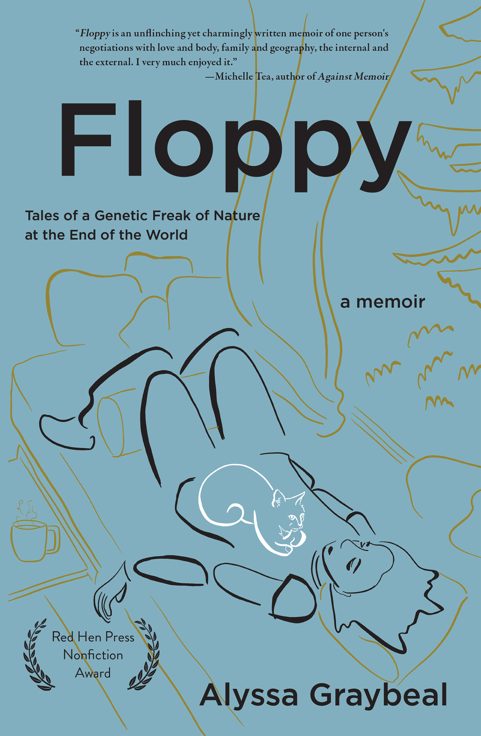 Light blue background featuring minimal line art depicting a person lying in bed next to a window with an open curtain showing trees outside. A cat rests on the person's stomach. Black text reads "Floppy" with a subtitle of "Tales of a Genetic Freak of Nature at the End of the World: a memoir by Alyssa Graybeal." Laurels declare the book as the winner of the Red Hen Press Nonfiction Award.