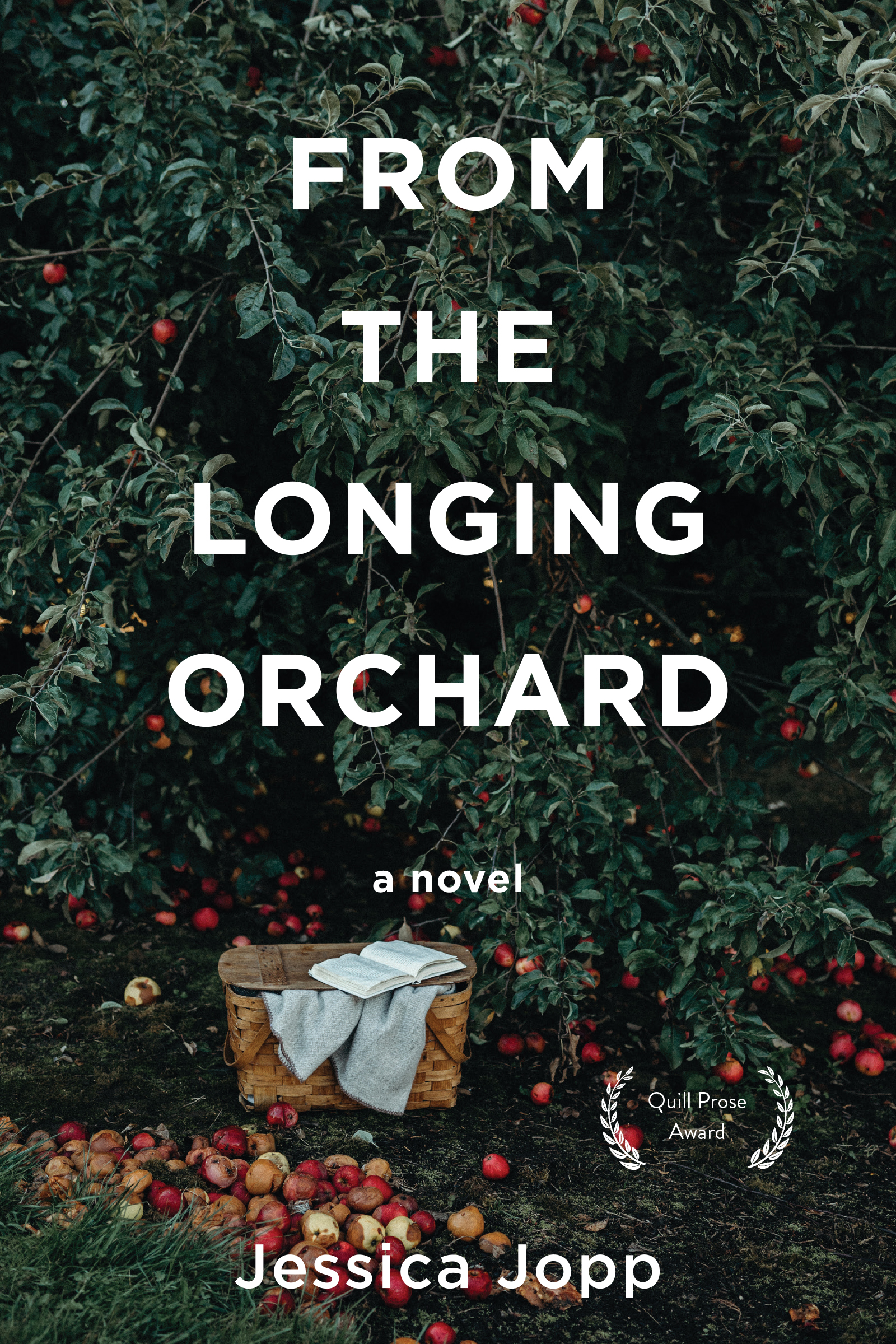 A photograph of an apple tree with a picnic basket and apples on the ground with white text reading "From the Longing Orchard, a novel by Jessica Jopp"