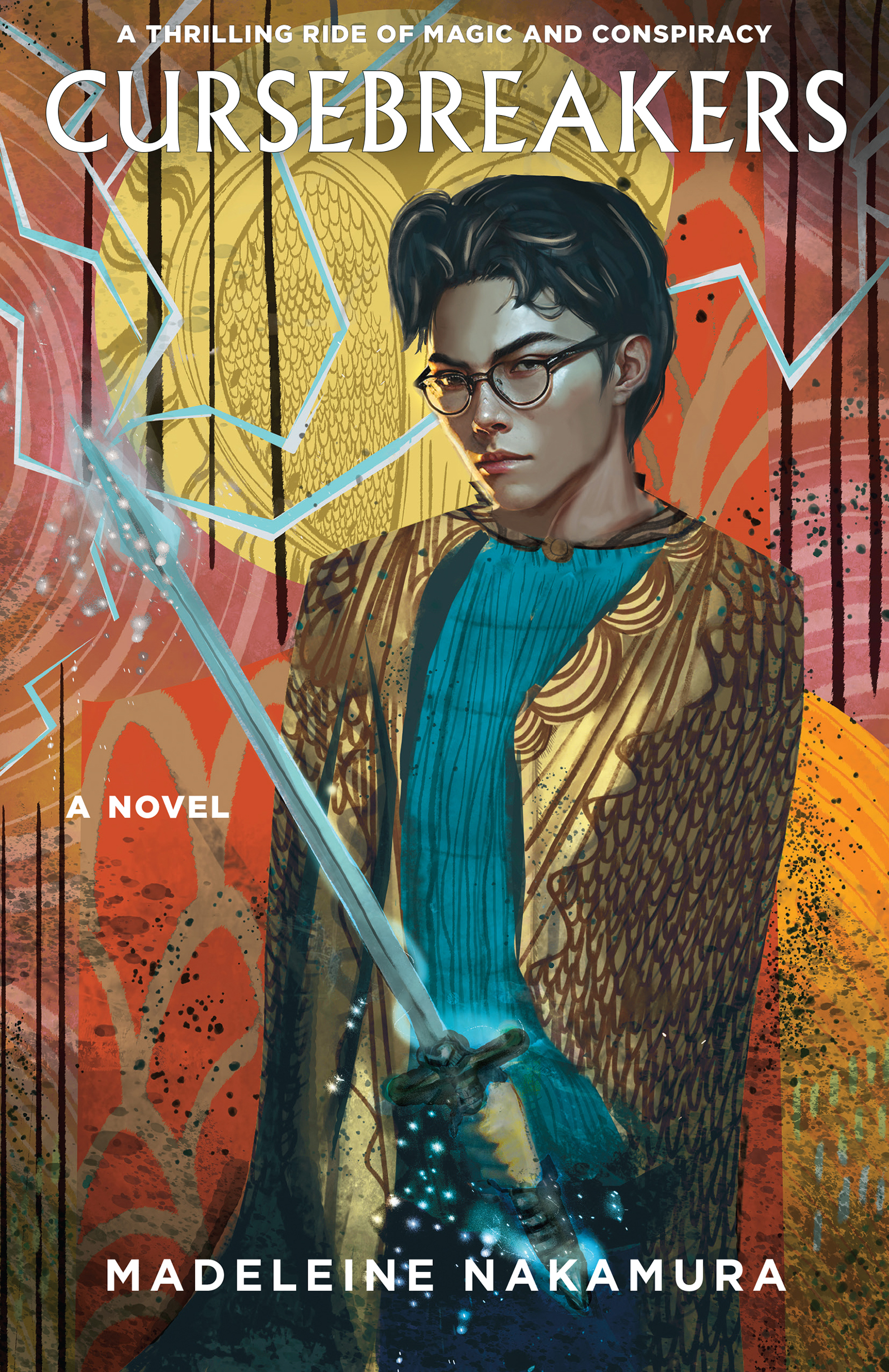 A graphic of a young man with glasses in a robe holding a soldier that sparks. Above is the title: "Cursebreakers." Below is the author: Madeleine Nakamura."