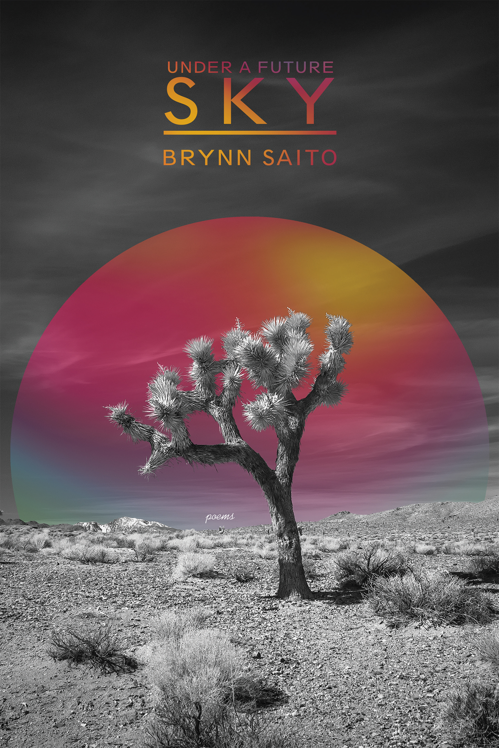 A black and white photo of a joshua tree with a color gradient of pinks and yellows in a half-circle behind the joshua tree, with "Under a Future Sky, poems by Brynn Saito" in colored text