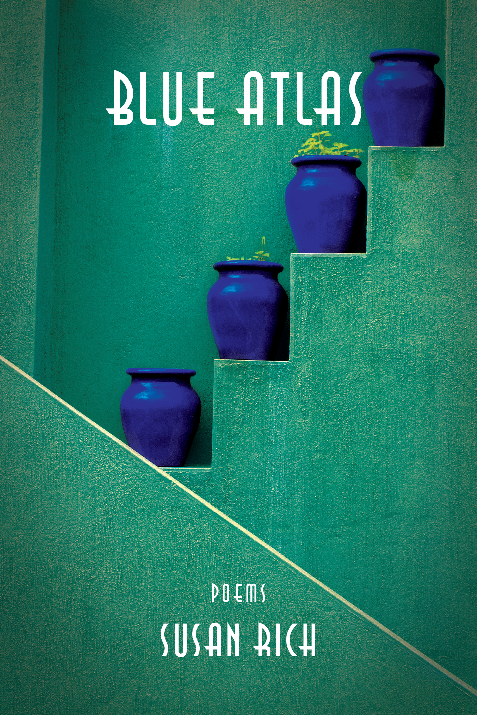 A photograph of acure jars on inclining steps of a teal mediterranean green background with white text reading "Blue Atlas, Poems, Susan Rich"
